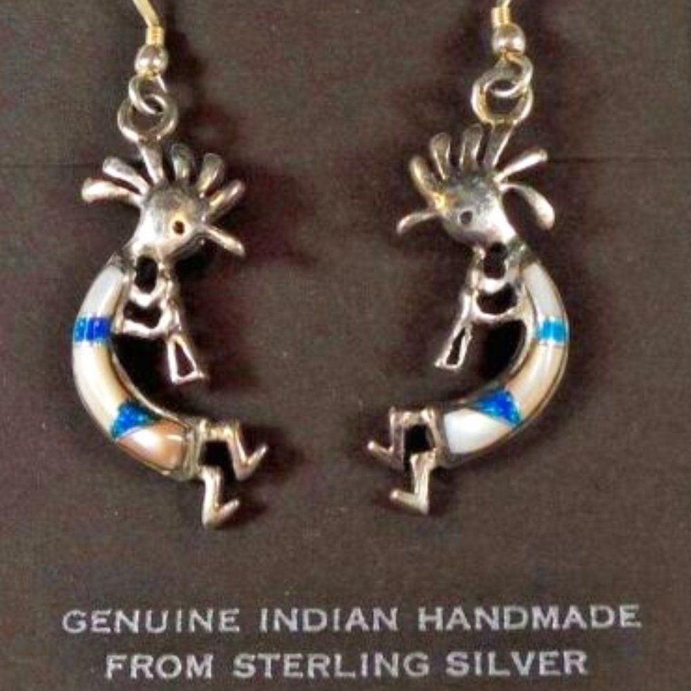 Flute Man Handmade Indian Sterling Silver Earrings with Turquoise Inlaid Stones